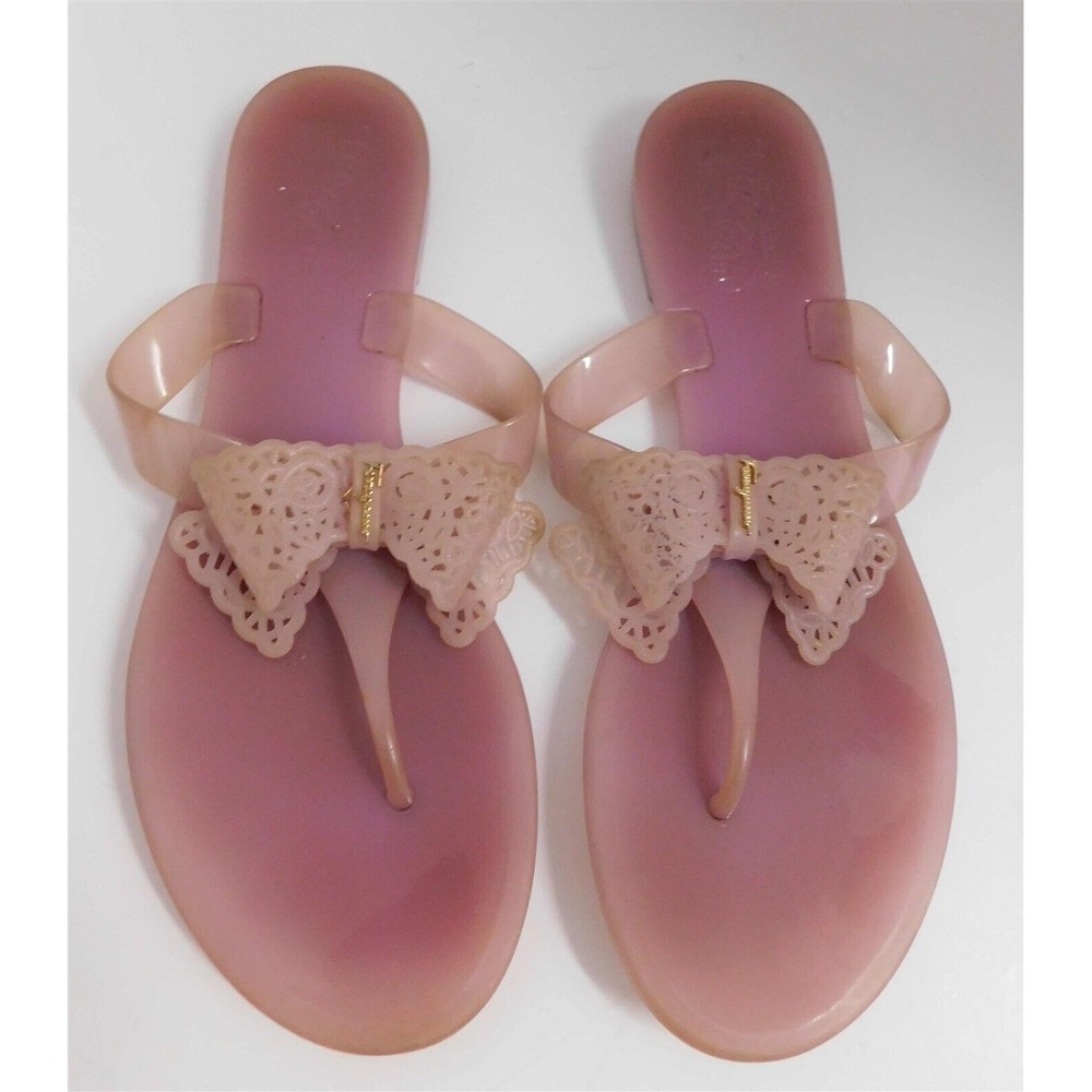 Salvatore Ferragamo Pansy Lace Bow Mauve Jelly Thong Flip Flops Italy 9